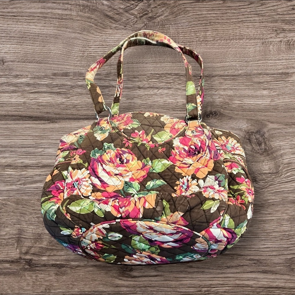 Vera Bradley Quilted Floral Shoulder Bag Purse Tote Brown Pink